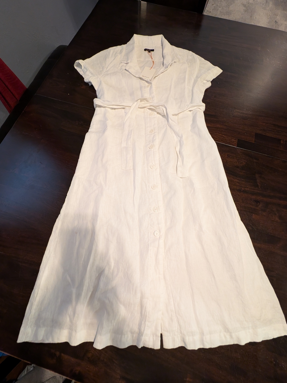 Quince White Button-Front European Linen Midi Shirt Dress with Tie Waist, Medium